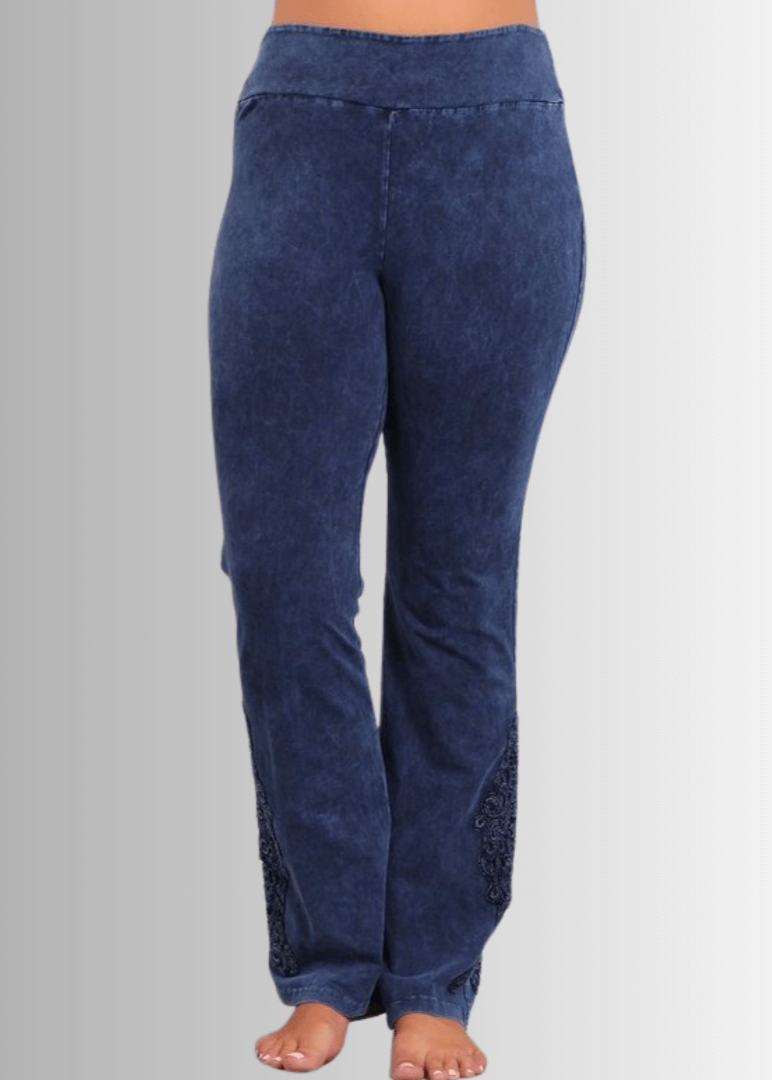 Made in USA Women's Plus Size Dark Denim Mineral Washed Boot Cut Jeggings with Crochet Detail Hem Style# C30372 | Classy Cozy Cool  Made in America Boutique