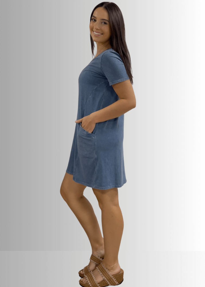 USA Made Ladies Mineral Washed Casual Cotton Short Sleeve Above Knee Length Dress with Pockets | Style# C60596 | Classy Cozy Cool Women's Made in America Boutique
