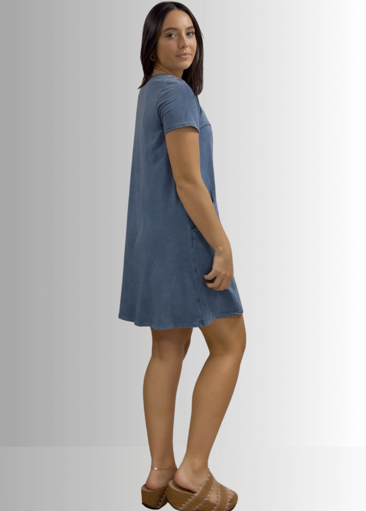 USA Made Ladies Mineral Washed Casual Cotton Short Sleeve Above Knee Length Dress with Pockets | Style# C60596 | Classy Cozy Cool Women's Made in America Boutique