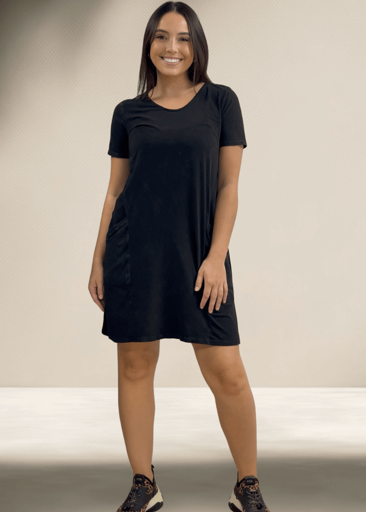 USA Made Ladies Mineral Washed Casual Cotton Short Sleeve Above Knee Length Dress with Pockets | Style# C60596 | Classy Cozy Cool Women's Made in America Boutique