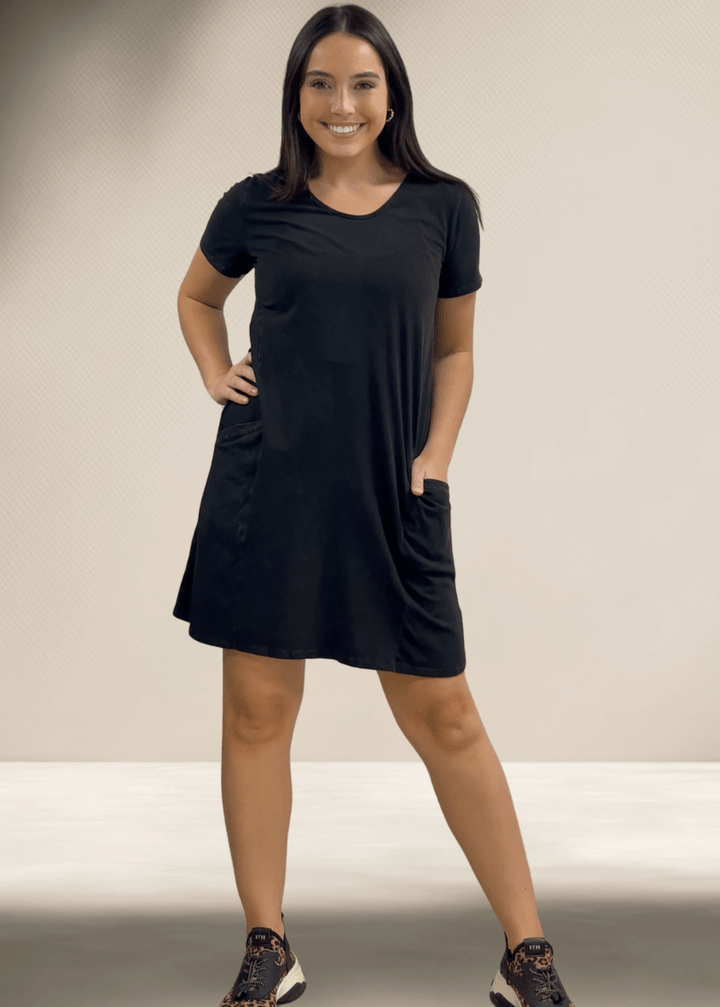 USA Made Ladies Mineral Washed Casual Cotton Short Sleeve Above Knee Length Dress with Pockets | Style# C60596 | Classy Cozy Cool Women's Made in America Boutique