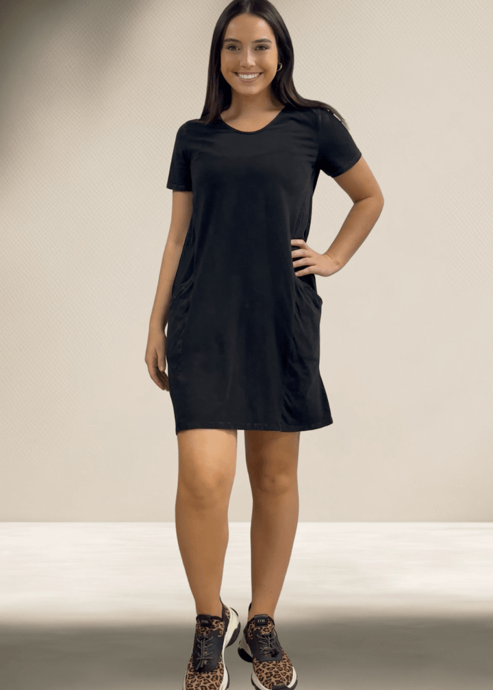 USA Made Ladies Mineral Washed Casual Cotton Short Sleeve Above Knee Length Dress with Pockets | Style# C60596 | Classy Cozy Cool Women's Made in America Boutique
