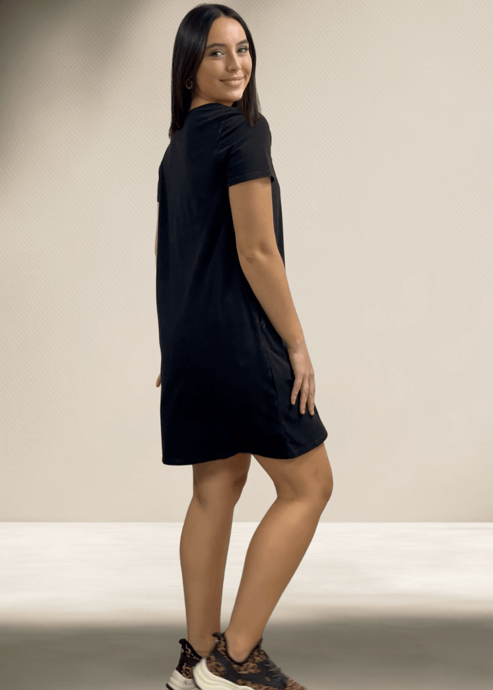 USA Made Ladies Mineral Washed Casual Cotton Short Sleeve Above Knee Length Dress with Pockets | Style# C60596 | Classy Cozy Cool Women's Made in America Boutique