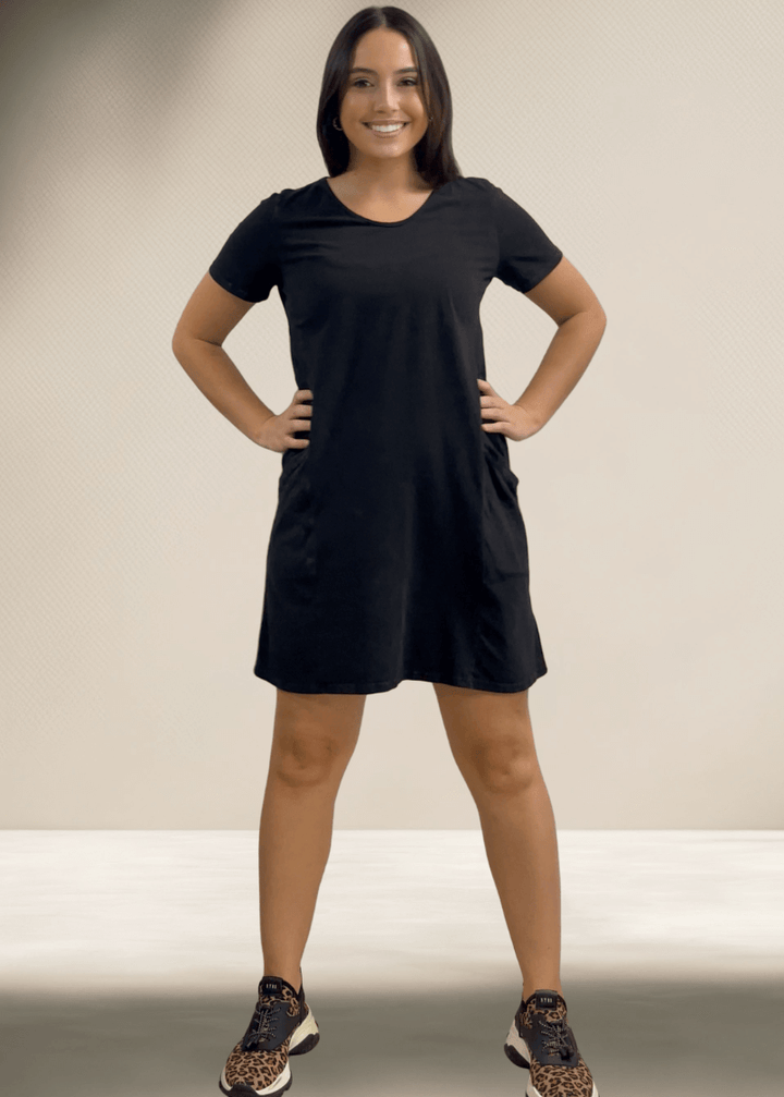 USA Made Ladies Mineral Washed Casual Cotton Short Sleeve Above Knee Length Dress with Pockets | Style# C60596 | Classy Cozy Cool Women's Made in America Boutique