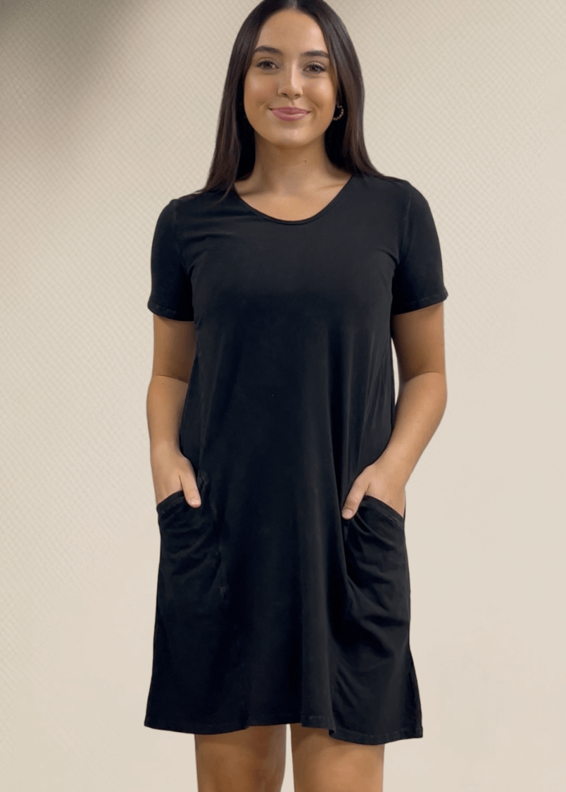 USA Made Ladies Mineral Washed Casual Cotton Short Sleeve Above Knee Length Dress with Pockets | Style# C60596 | Classy Cozy Cool Women's Made in America Boutique