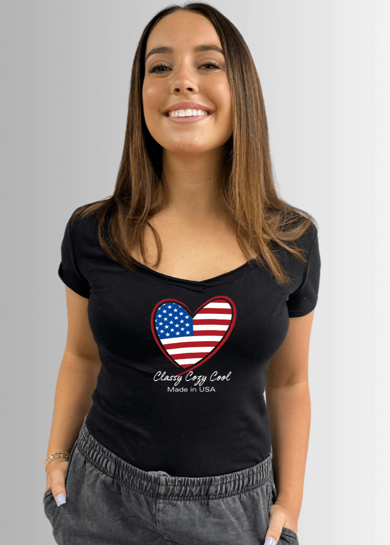 Made in USA Women's Fitted Cotton Patriotic Classy Cozy Cool American Flag Heart Graphic Black T-Shirt | Classy Cozy Cool Made in America Boutique