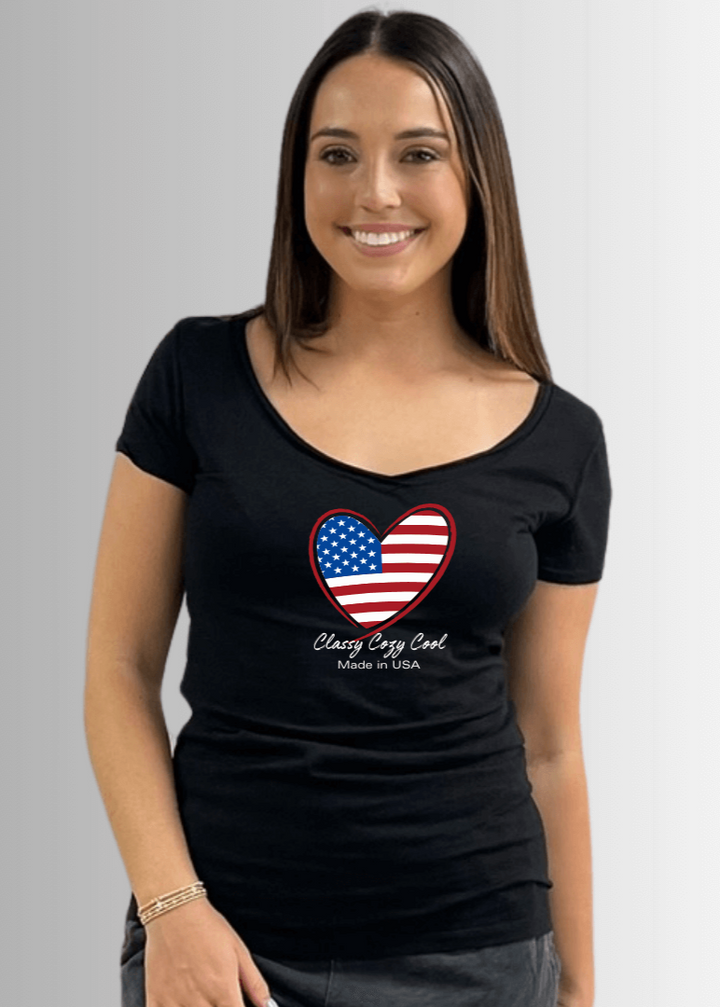 Made in USA Women's Fitted Cotton Patriotic Classy Cozy Cool American Flag Heart Graphic Black T-Shirt | Classy Cozy Cool Made in America Boutique
