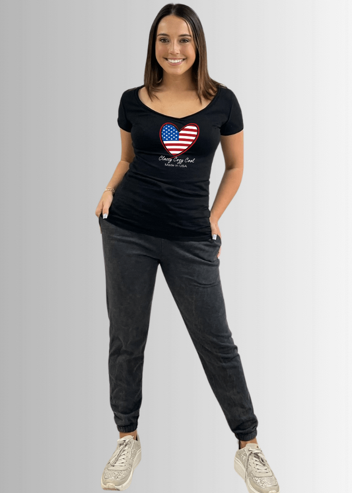 Made in USA Women's Fitted Cotton Patriotic Classy Cozy Cool American Flag Heart Graphic Black T-Shirt | Classy Cozy Cool Made in America Boutique