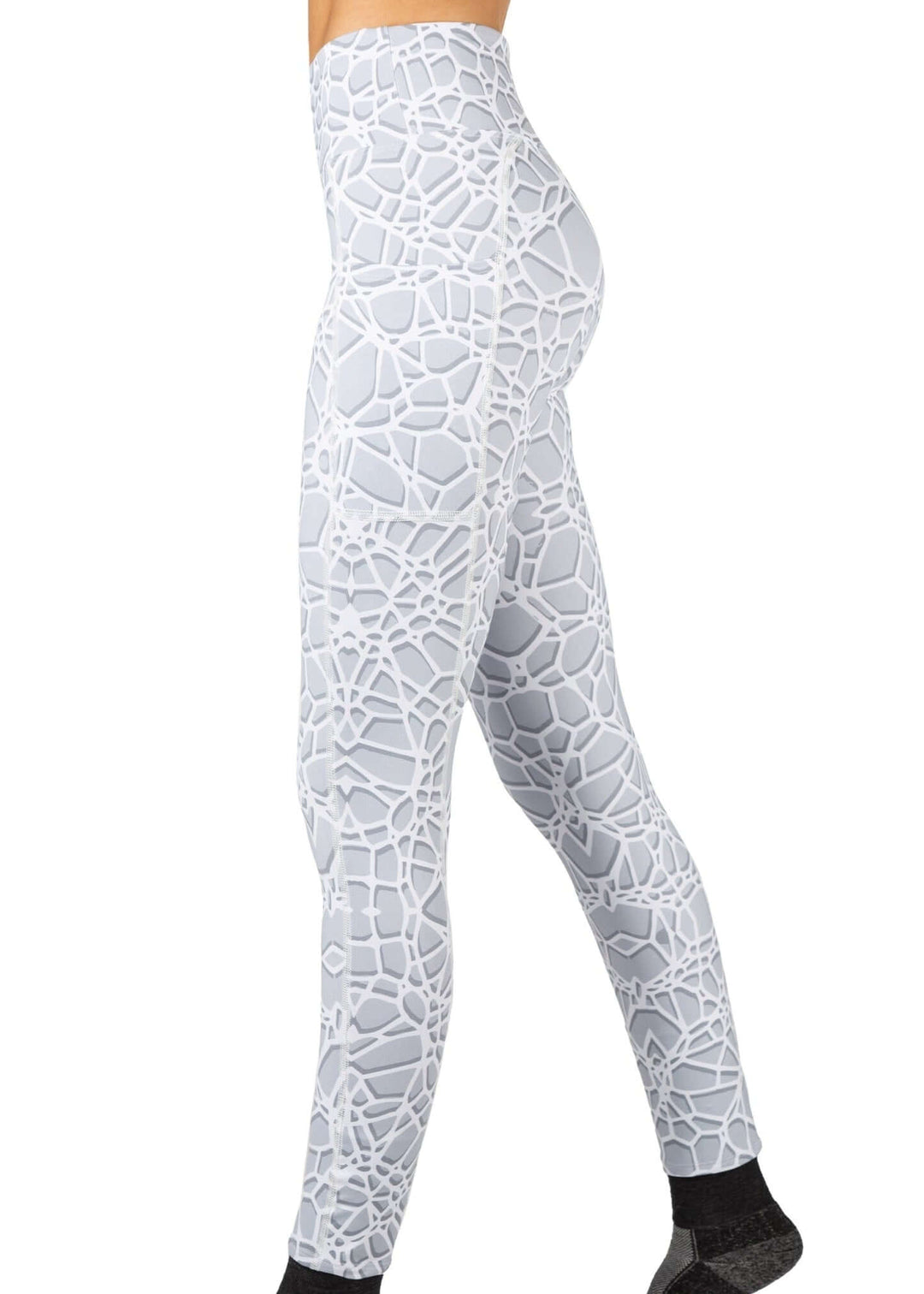 WSI Women's American-made legging in a Light Gray Crackle Design | Style 991SPLC |superior fabric technology enhances athletic performance | Side Pockets, No inner leg seam for maximum comfort, Wide waistband with built in elastic for additional comfort, 4 way stretch for flexibility, durability and comfort Material Tech: Performance Spandex