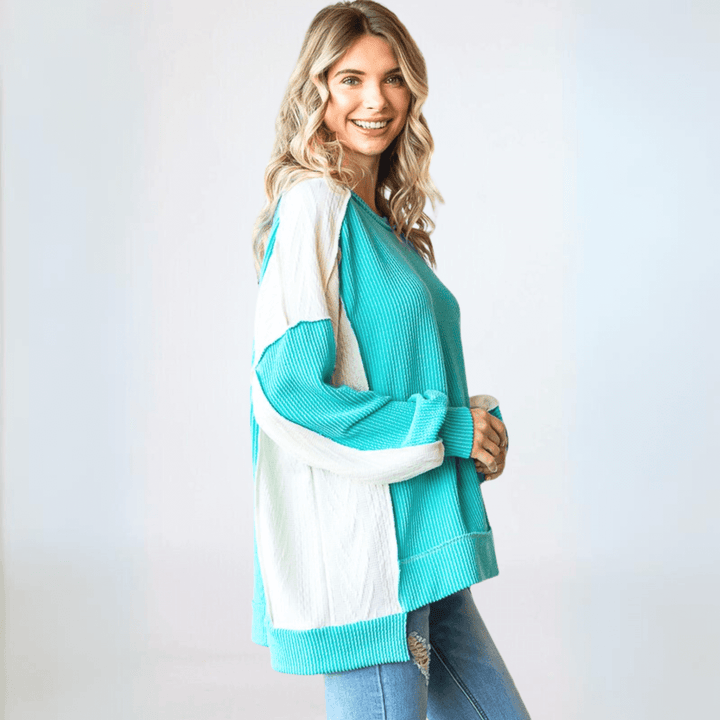 USA Made Women's Oversized Mixed Media with Turquoise Ribbed Material and Ivory Cable Knit Color Block Pullover Top | Classy Cozy Cool Made in America Boutique