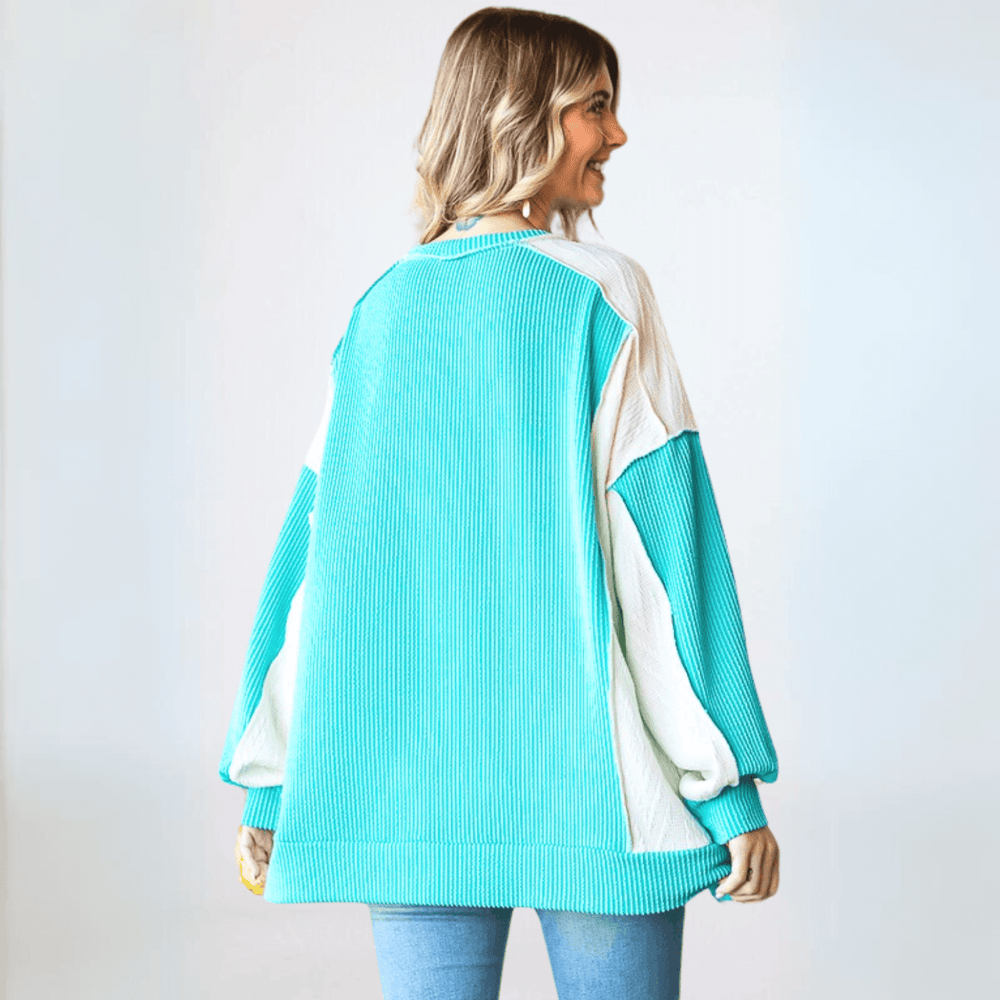 USA Made Women's Oversized Mixed Media with Turquoise Ribbed Material and Ivory Cable Knit Color Block Pullover Top | Classy Cozy Cool Made in America Boutique