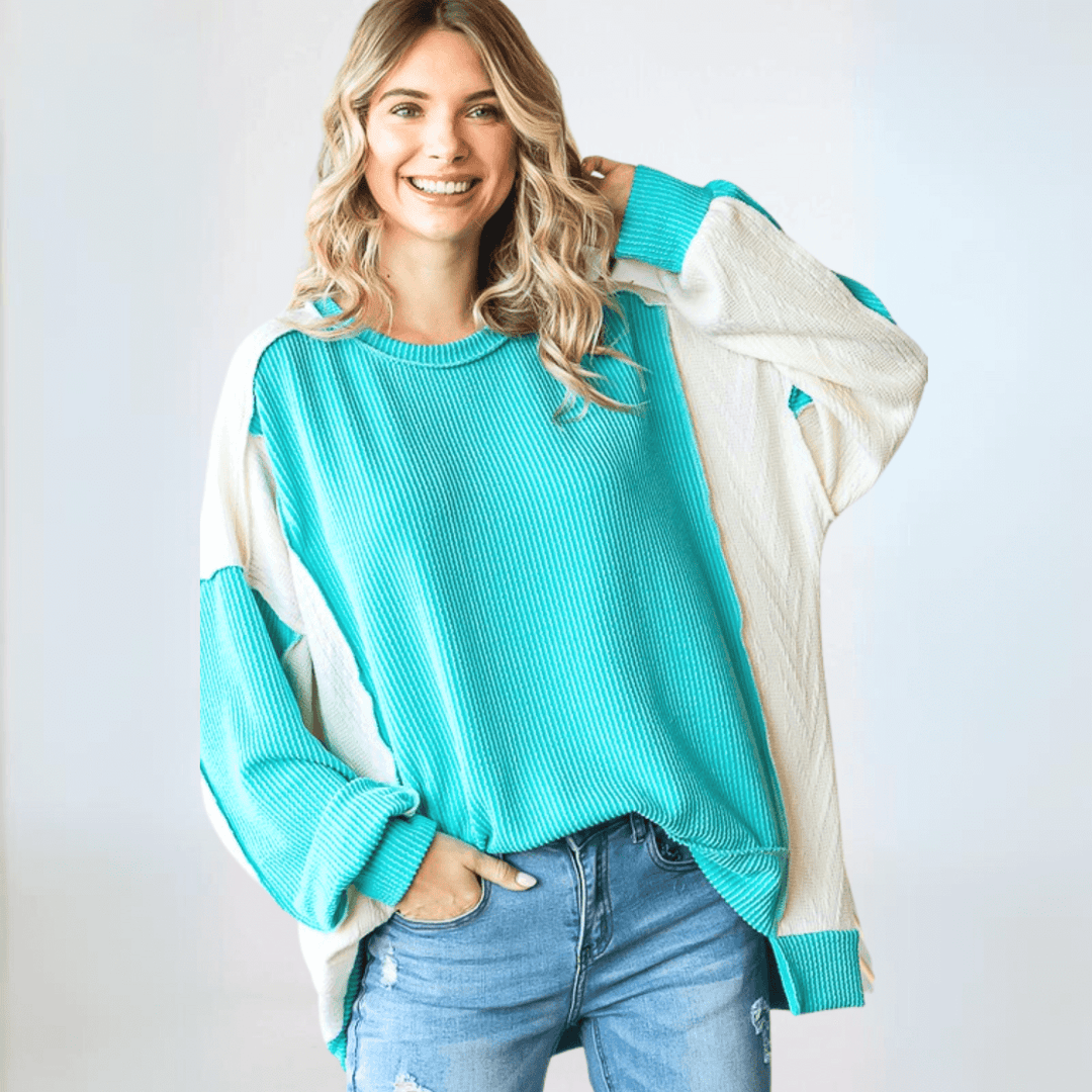 USA Made Women's Oversized Mixed Media with Turquoise Ribbed Material and Ivory Cable Knit Color Block Pullover Top | Classy Cozy Cool Made in America Boutique