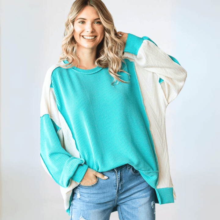 USA Made Women's Oversized Mixed Media with Turquoise Ribbed Material and Ivory Cable Knit Color Block Pullover Top | Classy Cozy Cool Made in America Boutique