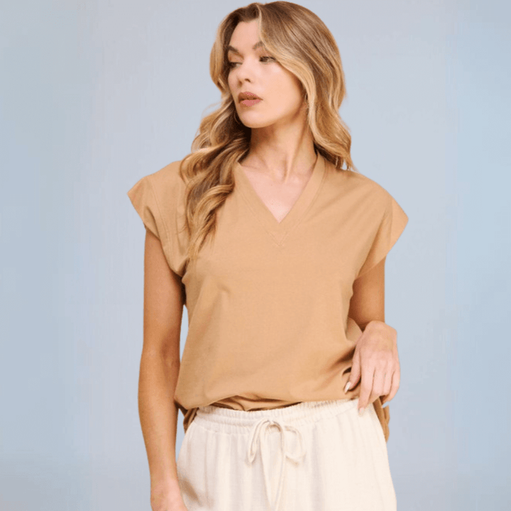 Women's Loose Fit Cotton V-Neck Cap Sleeve Top, This T-Shirt is Made in USA in Taupe  | Classy Cozy Cool Made in America Boutique