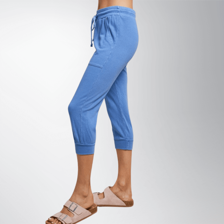 USA Made Women's Baby French Terry Rayon Cotton Pocket Joggers in Blue | Classy Cozy Cool Women's Made in America Clothing Boutique