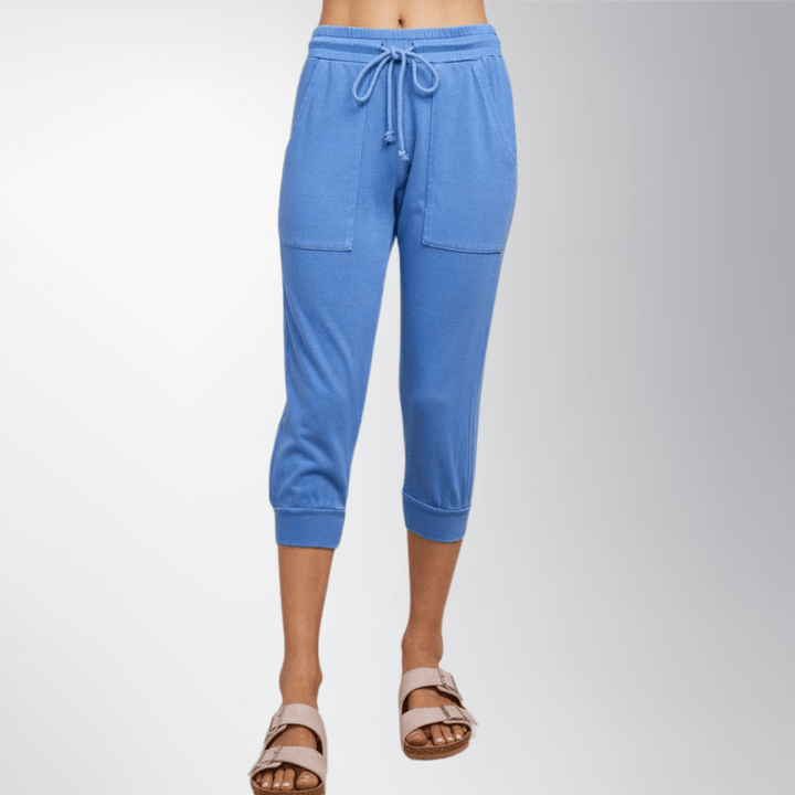 USA Made Women's Baby French Terry Rayon Cotton Pocket Joggers in Blue | Classy Cozy Cool Women's Made in America Clothing Boutique