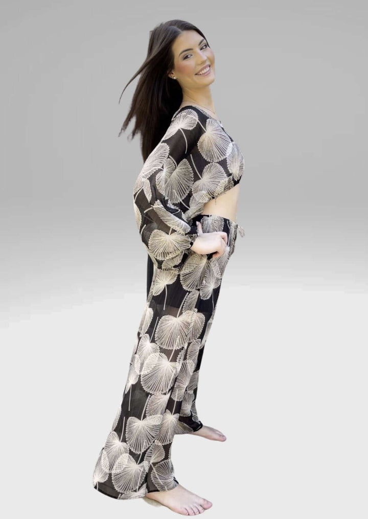Bucket List Cabaña Leaf Print Sheer Cropped Top & Palazzo Pants in Black & Ivory | Resort Wear Made in USA | Classy Cozy Cool Women's Clothing Boutique