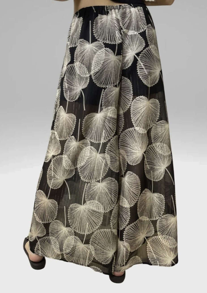 Bucket List Cabaña Leaf Print Sheer Cropped Top & Palazzo Pants in Black & Ivory | Resort Wear Made in USA | Classy Cozy Cool Women's Clothing Boutique