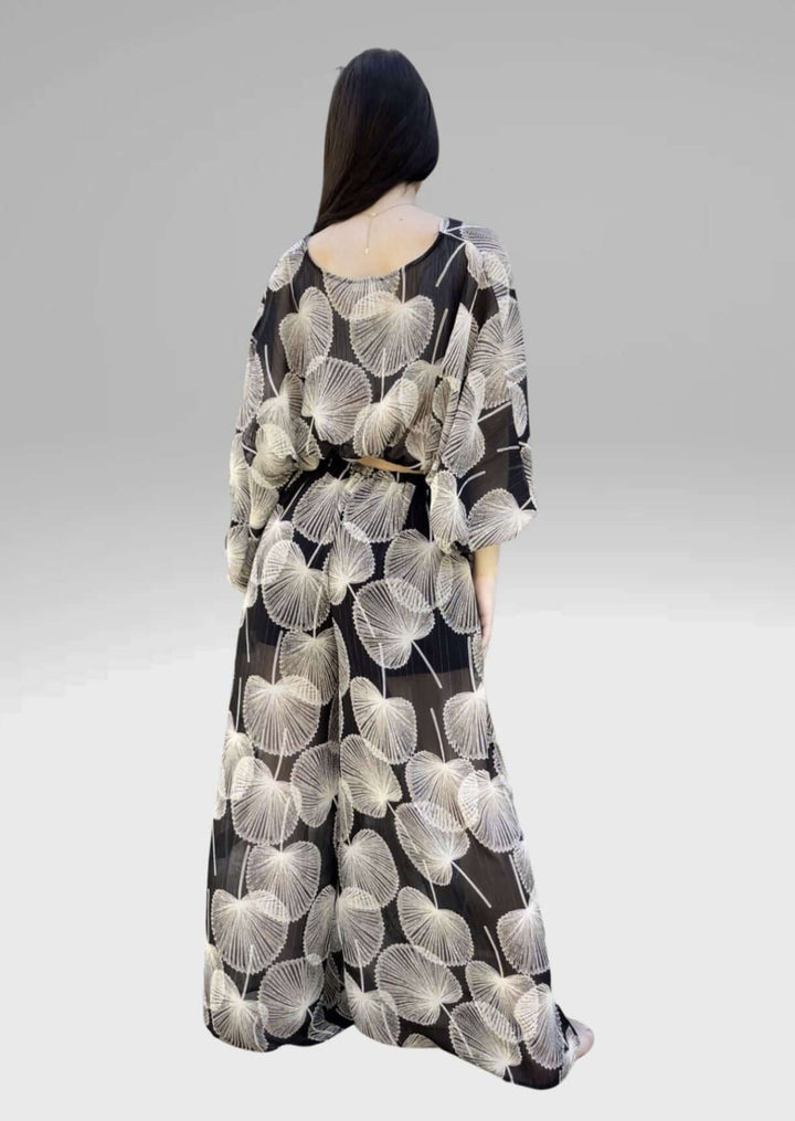 Bucket List Cabaña Leaf Print Sheer Cropped Top & Palazzo Pants in Black & Ivory | Resort Wear Made in USA | Classy Cozy Cool Women's Clothing Boutique