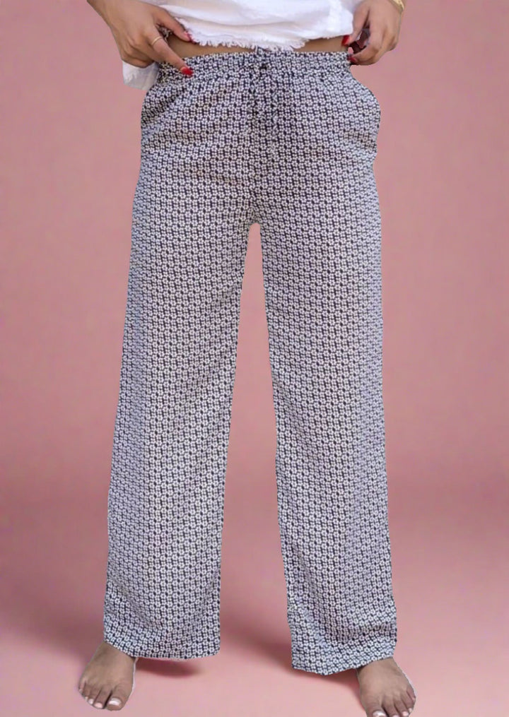 If She Loves Ladies Vintage Flower Pattern Relaxed Fit Pull-On Style Pants with Elastic Waist in Navy & White | Made in USA | Women's Made in America Boutique