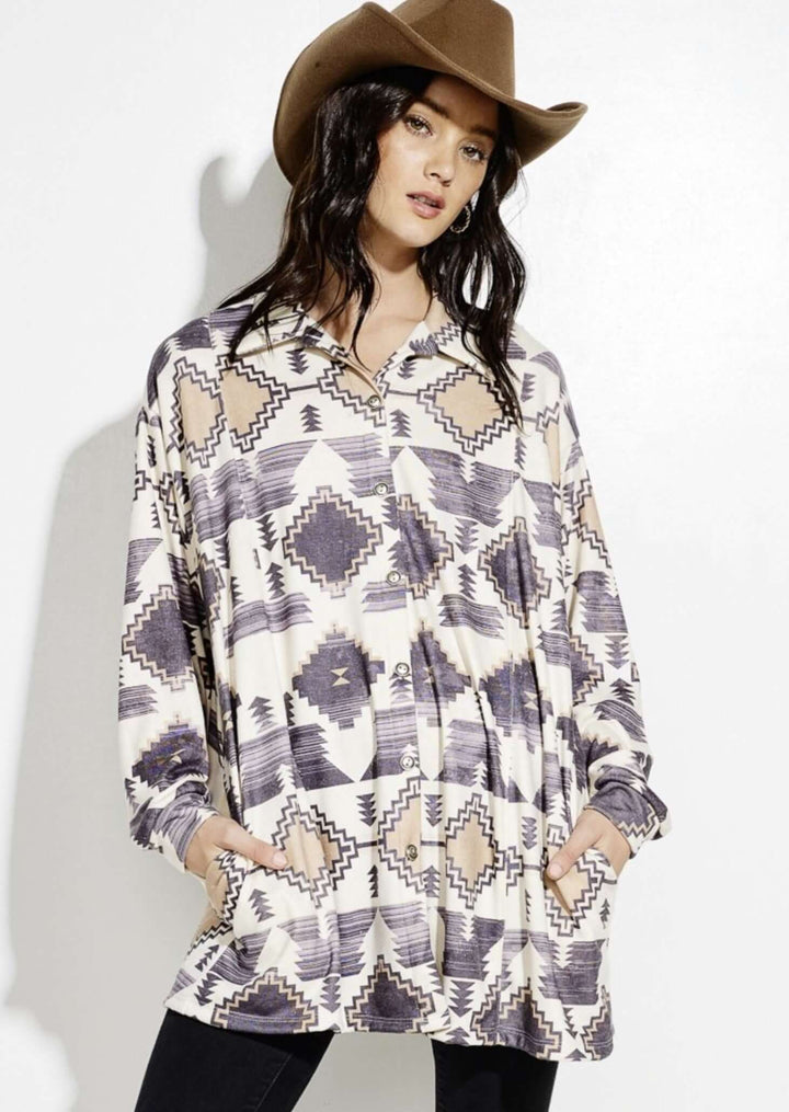 Women's Aztec Design Lightweight Tunic Length Suede Shirt Jacket in Grey, Cream & Taupe  | Made in USA | Classy Cozy Cool Made in America Women's Clothing Boutique