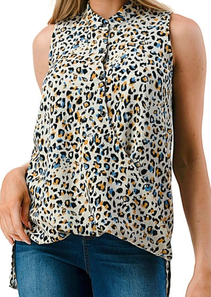 USA Made Women's Animal Print Textured Floral Surplice Top with Blue Accent Color | Classy Cozy Cool Made in America Boutique