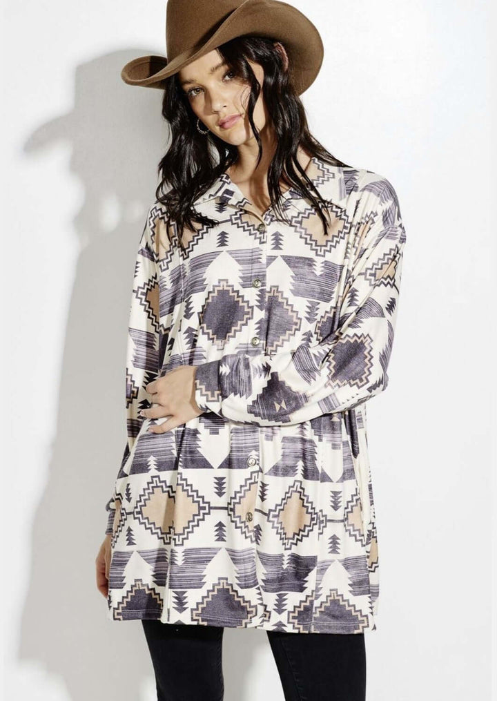 Women's Aztec Design Lightweight Tunic Length Suede Shirt Jacket in Grey, Cream & Taupe  | Made in USA | Classy Cozy Cool Made in America Women's Clothing Boutique