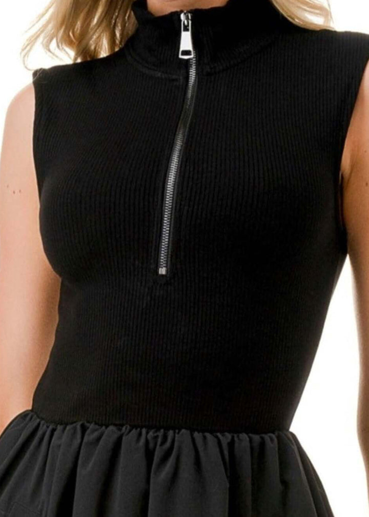 Made in USA Women's Classic Silhouette Sleeveless Fit & Flare Black Midi Dress with High Neck, Zip up Neckline and Pockets | Classy Cozy Cool Made in America Boutique