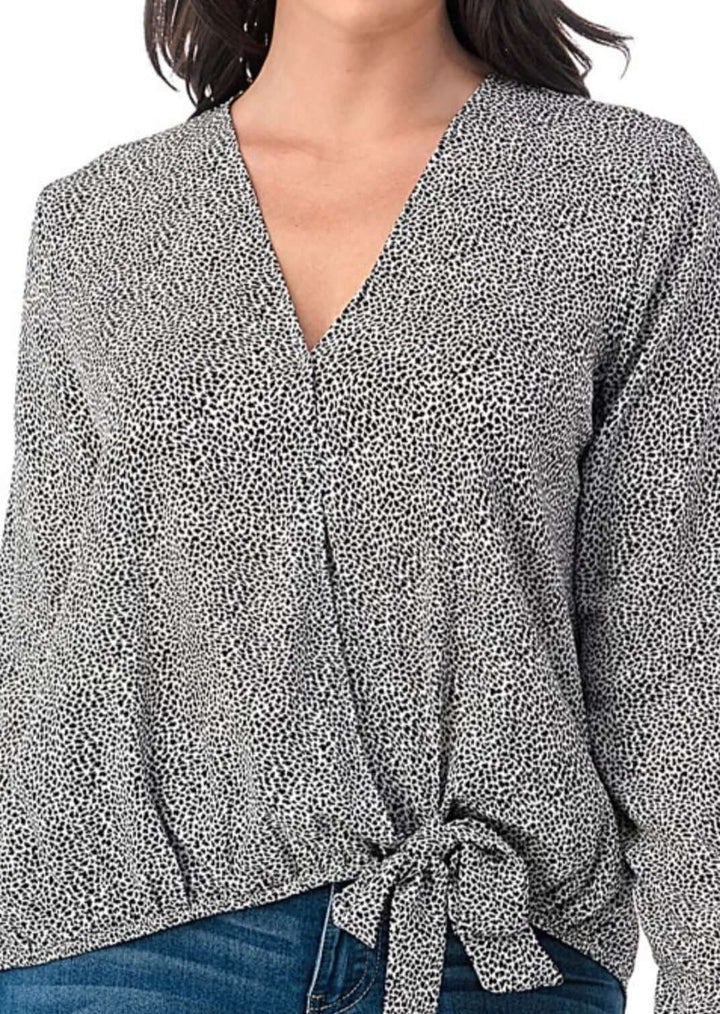 Women's Micro Animal Printed Dressy Wrap Top with Tie Front Detail in Black | Made in USA | Classy Cozy Cool Women's Made in USA Boutique