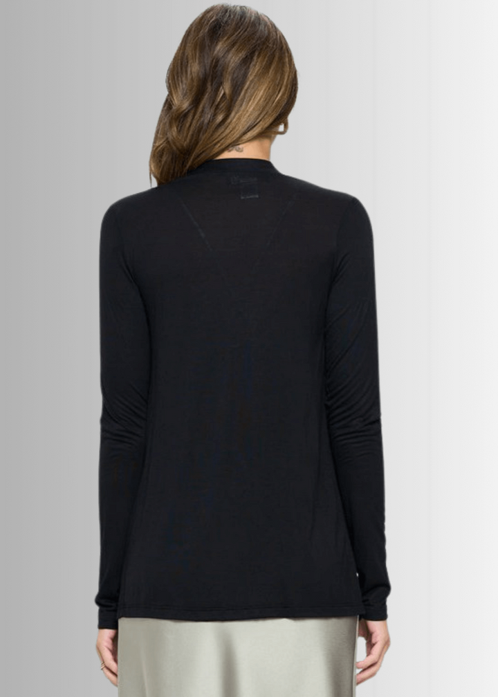 Ladies Lightweight Rayon Jersey Open Front Cardigan In Black| Renee C Style# 10079JK | Made in USA | Classy Cozy Cool Women's Made in America Clothing Boutique