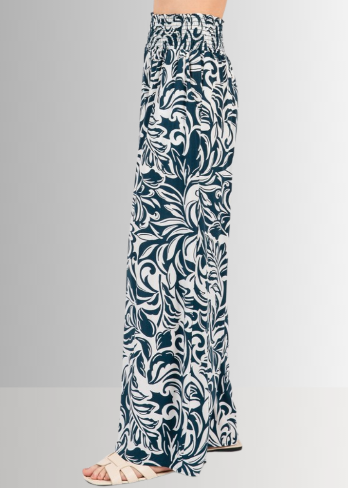 Made in USA Women's Rayon Challis Tropical Print Wide Leg Palazzo Pants in Teal or Olive with Pockets | Classy Cozy Cool Made in America Boutique