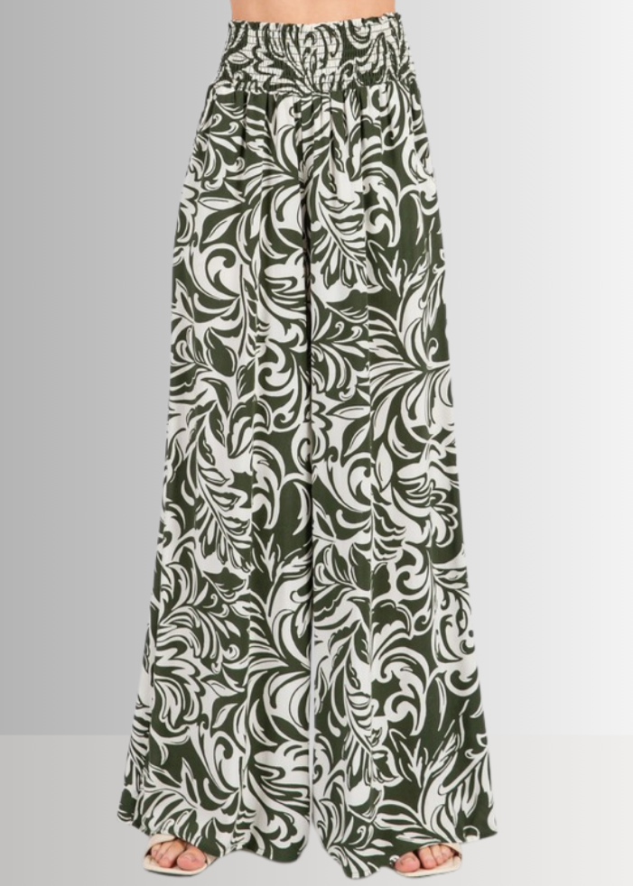 Made in USA Women's Rayon Challis Tropical Print Wide Leg Palazzo Pants in Teal or Olive with Pockets | Classy Cozy Cool Made in America Boutique