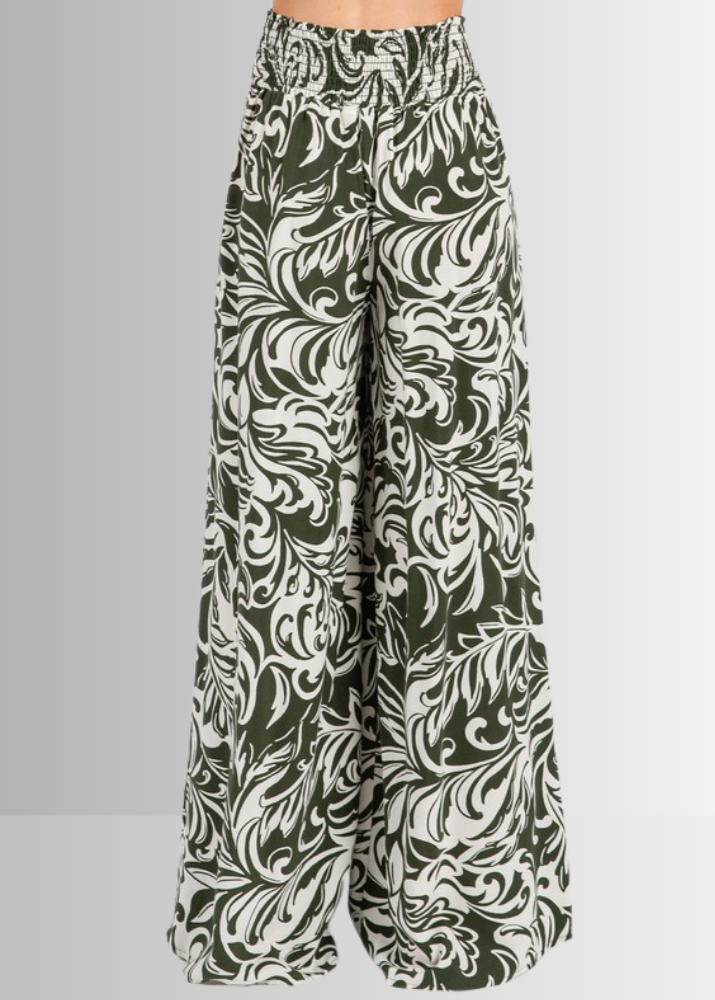 Made in USA Women's Rayon Challis Tropical Print Wide Leg Palazzo Pants in Teal or Olive with Pockets | Classy Cozy Cool Made in America Boutique
