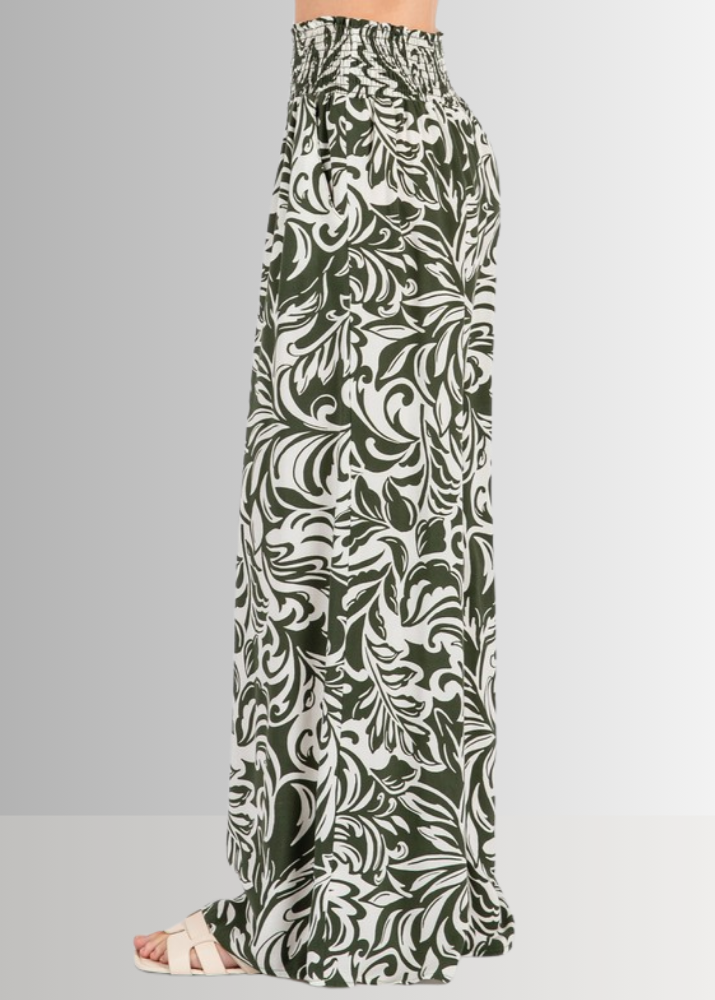 Made in USA Women's Rayon Challis Tropical Print Wide Leg Palazzo Pants in Teal or Olive with Pockets | Classy Cozy Cool Made in America Boutique