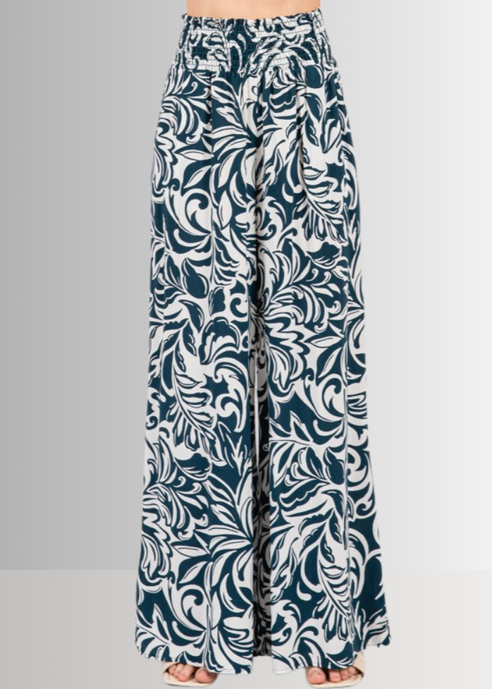 Made in USA Women's Rayon Challis Tropical Print Wide Leg Palazzo Pants in Teal or Olive with Pockets | Classy Cozy Cool Made in America Boutique
