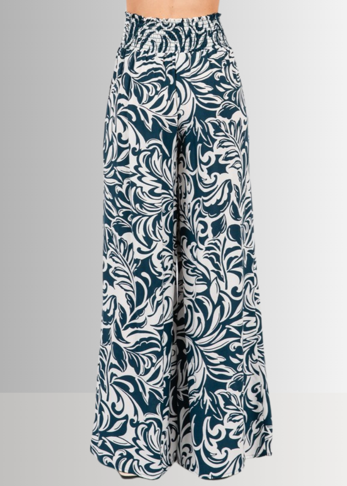 Made in USA Women's Rayon Challis Tropical Print Wide Leg Palazzo Pants in Teal or Olive with Pockets | Classy Cozy Cool Made in America Boutique
