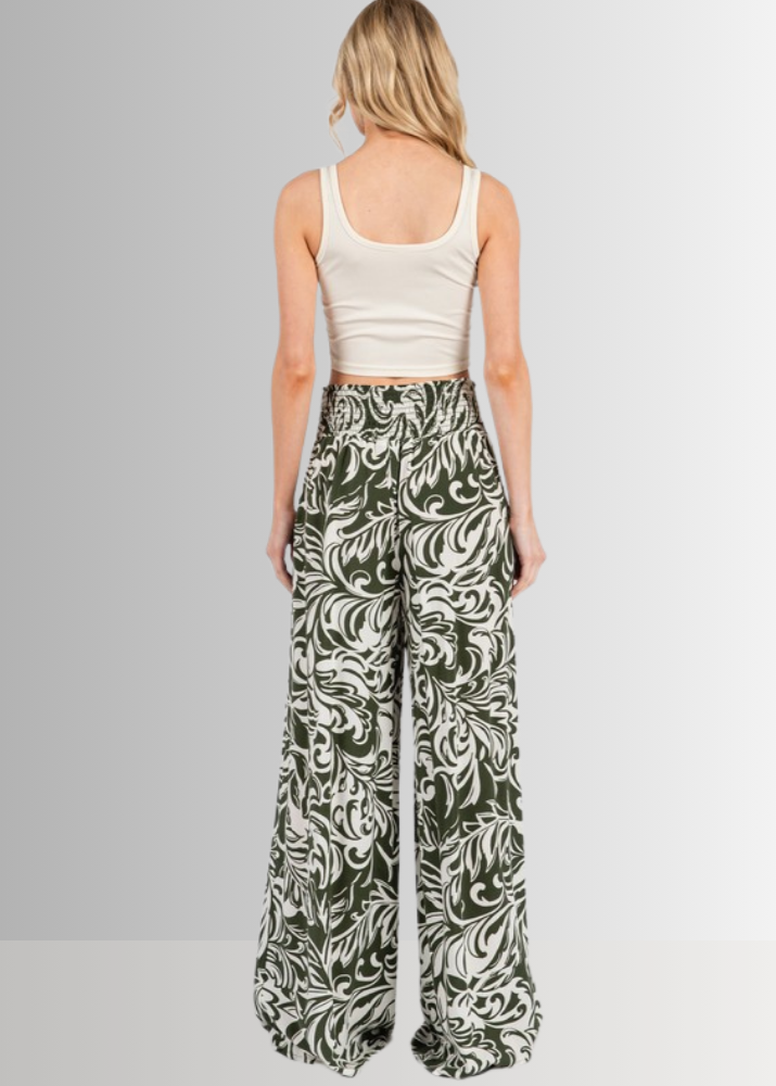 Made in USA Women's Rayon Challis Tropical Print Wide Leg Palazzo Pants in Teal or Olive with Pockets | Classy Cozy Cool Made in America Boutique