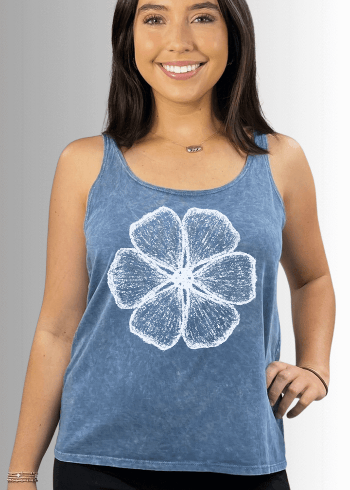 Made in USA Women's Sustainable durable premium America-made cotton tank top in Light Denim with Off White Chalk Flower Graphic, Wide Round Neck, Loose Fit | Classy Cozy Cool Made in America Boutique