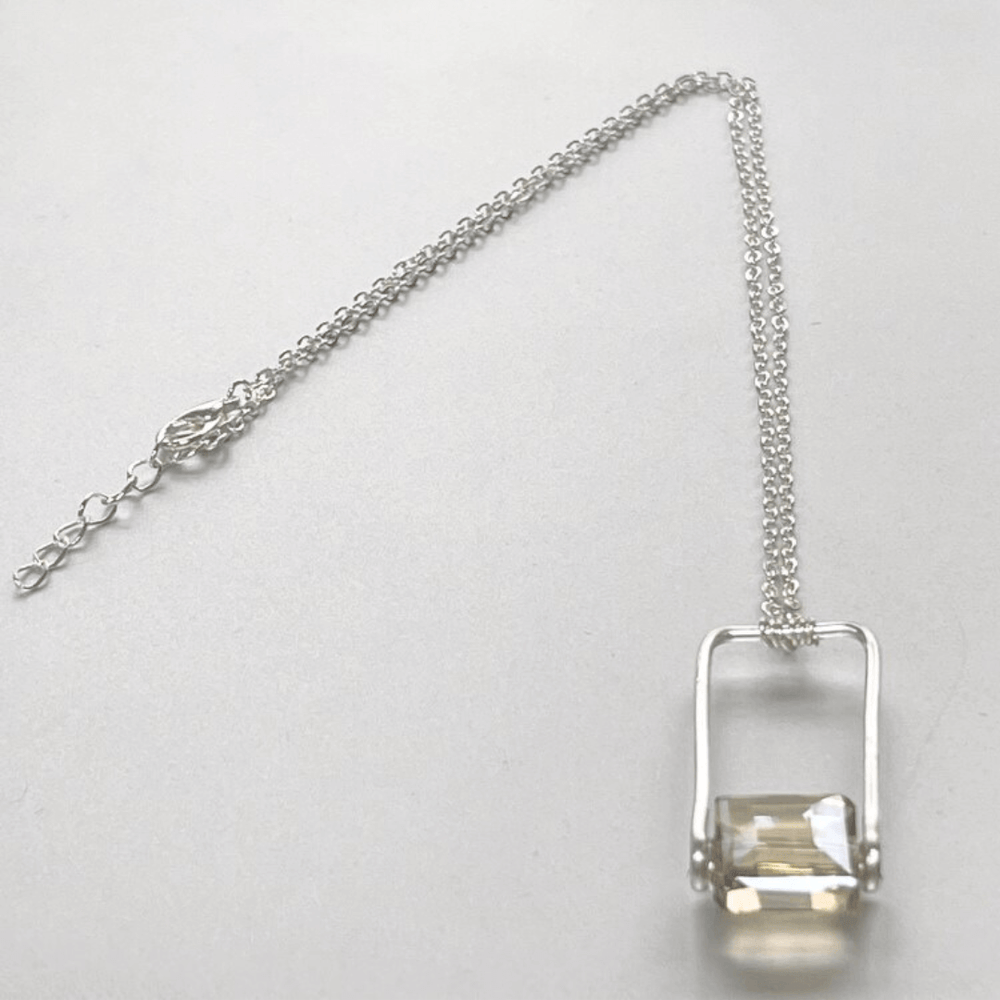 Hand Made in USA Women's Artisan Crafted Forged Rectangle Pendant with Champagne Crystal with silver Chain | Classy Cozy Cool Women's Made in America Boutique
