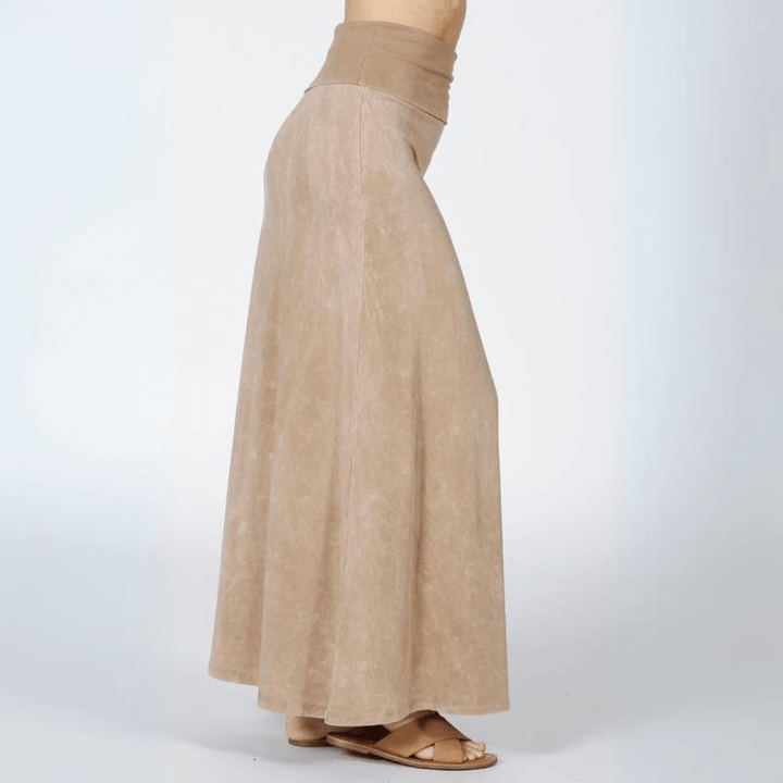 Women's Mineral Washed American Cotton Fold Over Waist Maxi Skirt Made in USA in  Beige  | Classy Cozy Cool Style C50110
