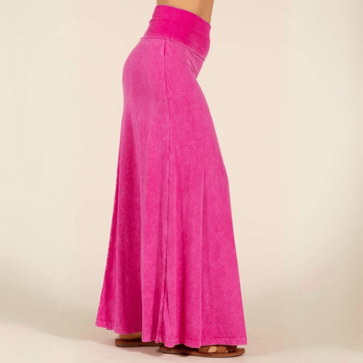 Women's Mineral Washed American Cotton Fold Over Waist Maxi Skirt Made in USA in Fuchsia | Classy Cozy Cool Style C50110
