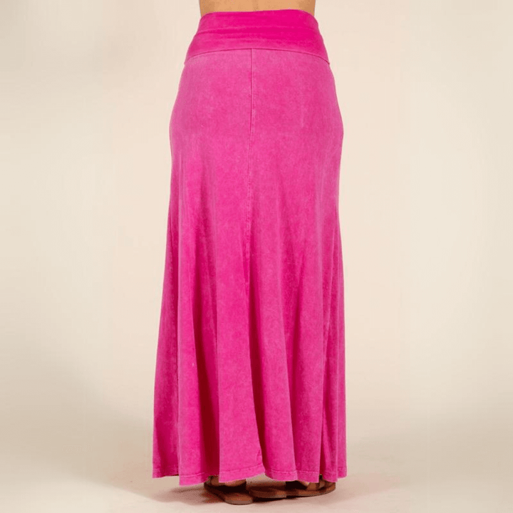 Women's Mineral Washed American Cotton Fold Over Waist Maxi Skirt Made in USA in Fuchsia | Classy Cozy Cool Style C50110