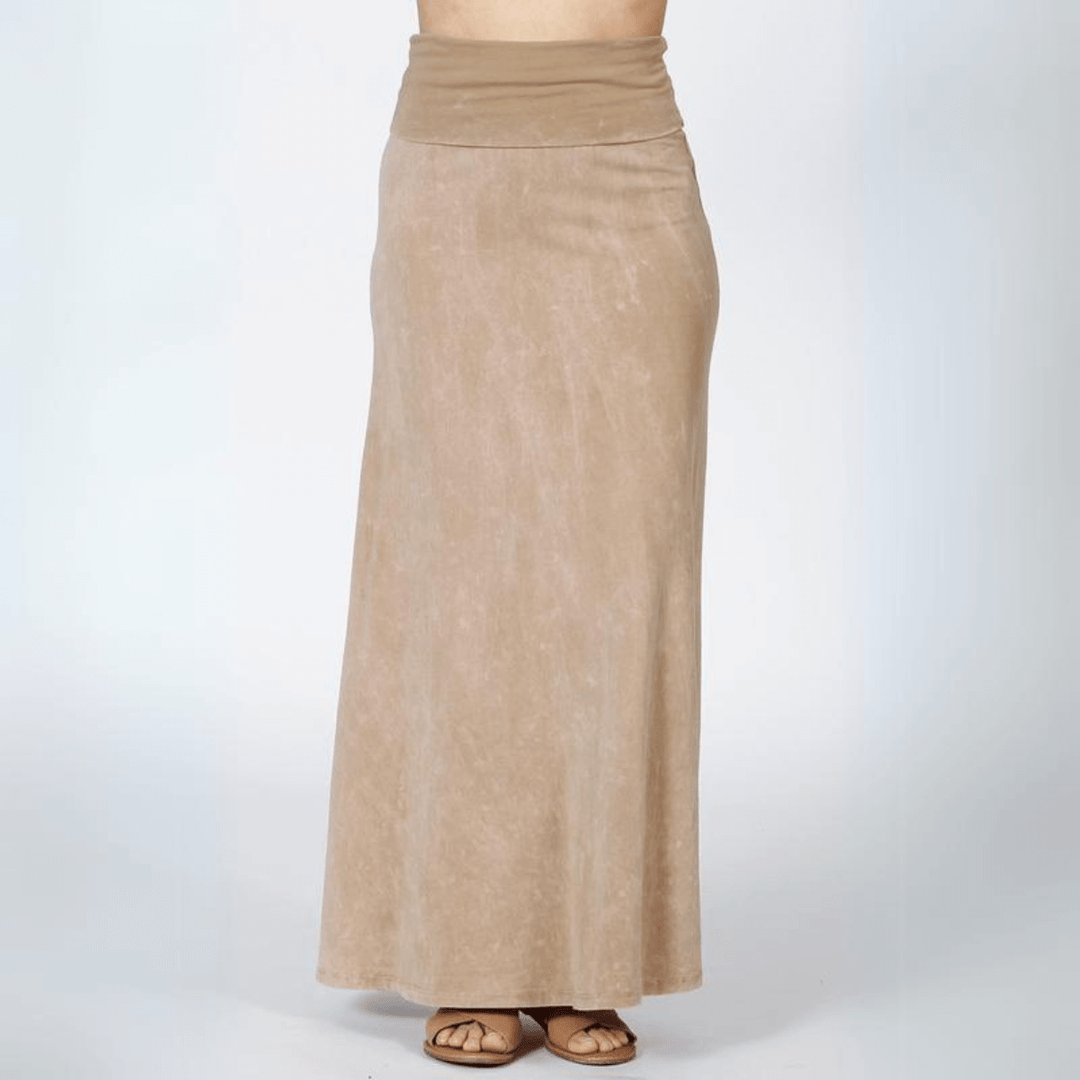 Women's Mineral Washed American Cotton Fold Over Waist Maxi Skirt Made in USA in  Beige  | Classy Cozy Cool Style C50110