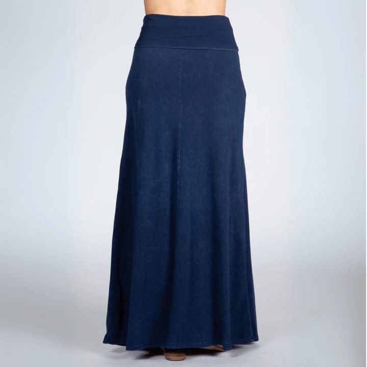 Women's Mineral Washed American Cotton Fold Over Waist Maxi Skirt Made in USA in Dark Denim | Classy Cozy Cool Style C50110