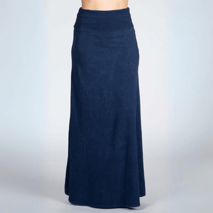 Women's Mineral Washed American Cotton Fold Over Waist Maxi Skirt Made in USA in Dark Denim | Classy Cozy Cool Style C50110