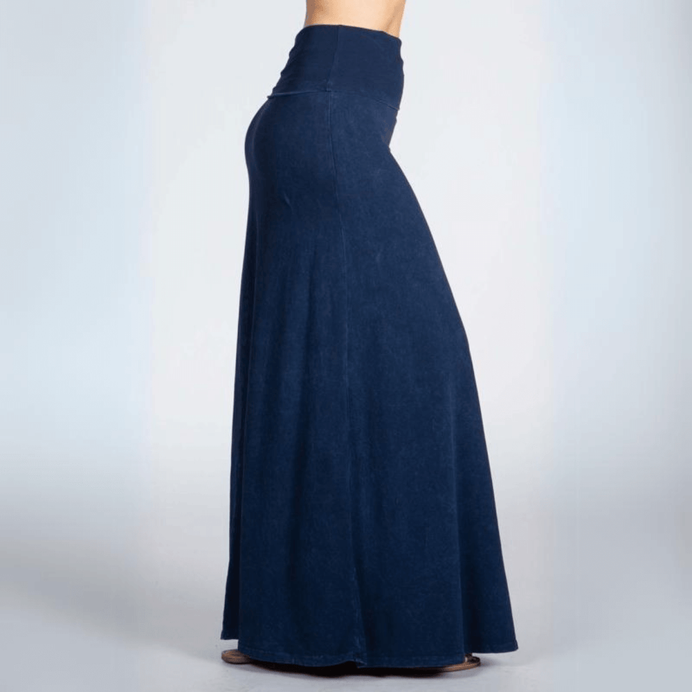 Women's Mineral Washed American Cotton Fold Over Waist Maxi Skirt Made in USA in Dark Denim | Classy Cozy Cool Style C50110