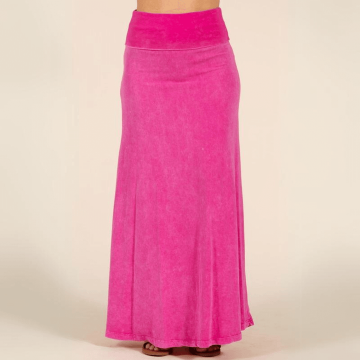 Women's Mineral Washed American Cotton Fold Over Waist Maxi Skirt Made in USA in Fuchsia | Classy Cozy Cool Style C50110