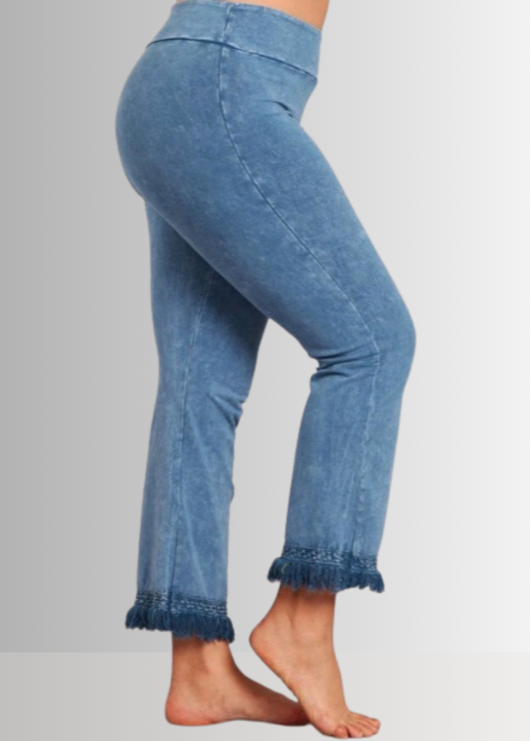 Denim Look USA Made Ladies Mineral Washed Plus Size Cropped Straight Leg Pants with Crochet Fringe Hem | Style P30374 | Classy Cozy Cool Women's Made in America Clothing Boutique