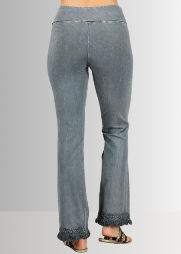 Denim Look USA Made Ladies Mineral Washed Cropped Straight Leg Pants with Crochet Fringe Hem | Style P30374 | Classy Cozy Cool Women's Made in America Clothing Boutique