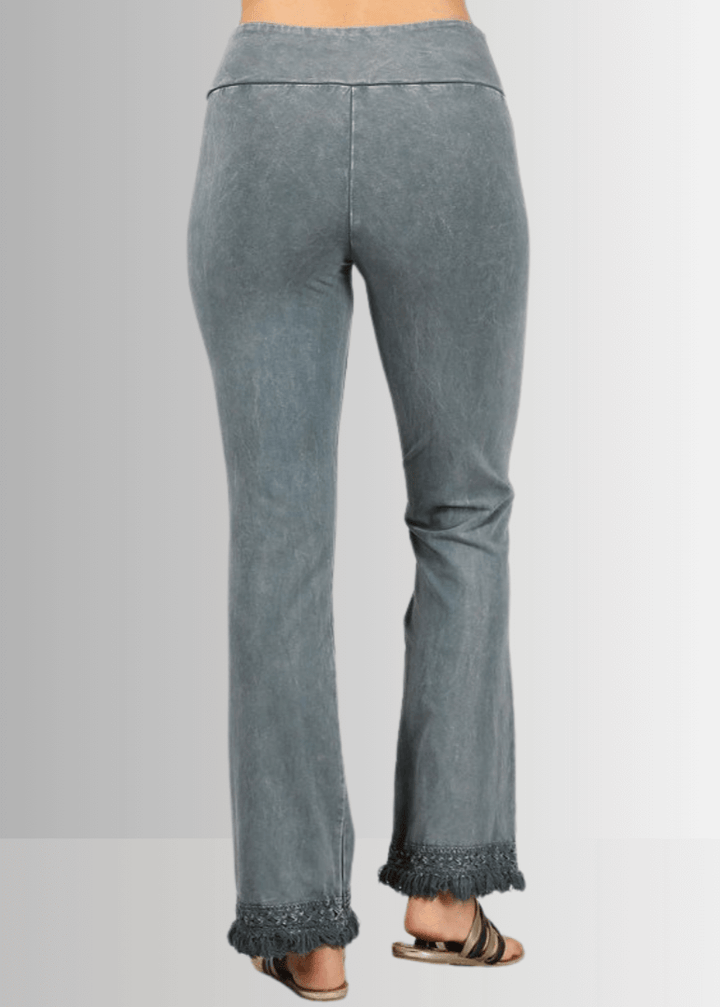 Denim Look USA Made Ladies Mineral Washed Cropped Straight Leg Pants with Crochet Fringe Hem | Style P30374 | Classy Cozy Cool Women's Made in America Clothing Boutique
